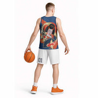 Japanese Geisha Koi Fish Basketball Jersey Cherry Blossoms Blue Seigaiha Pattern - Wonder Print Shop