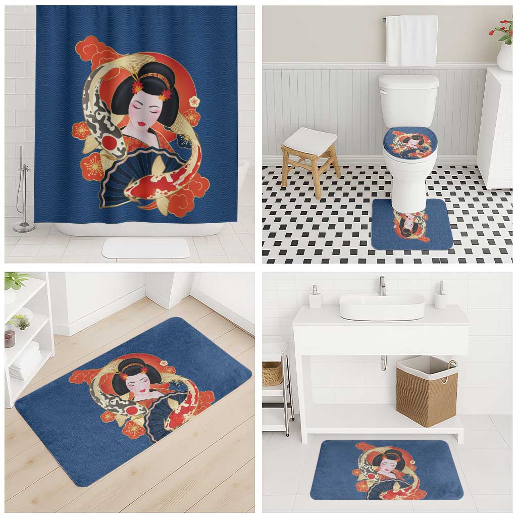 Japanese Geisha Koi Fish Bathroom Set Cherry Blossoms Blue Seigaiha Pattern - Wonder Print Shop