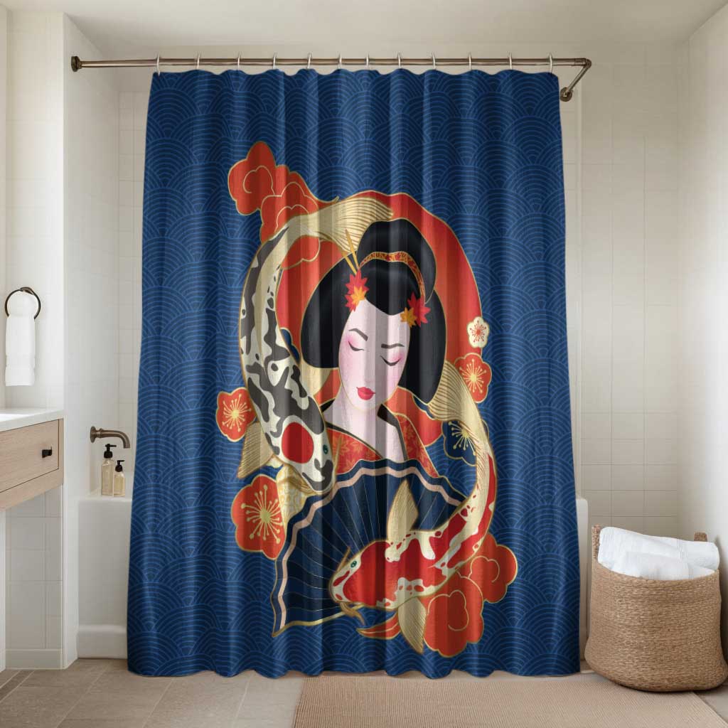 Japanese Geisha Koi Fish Bathroom Set Cherry Blossoms Blue Seigaiha Pattern - Wonder Print Shop