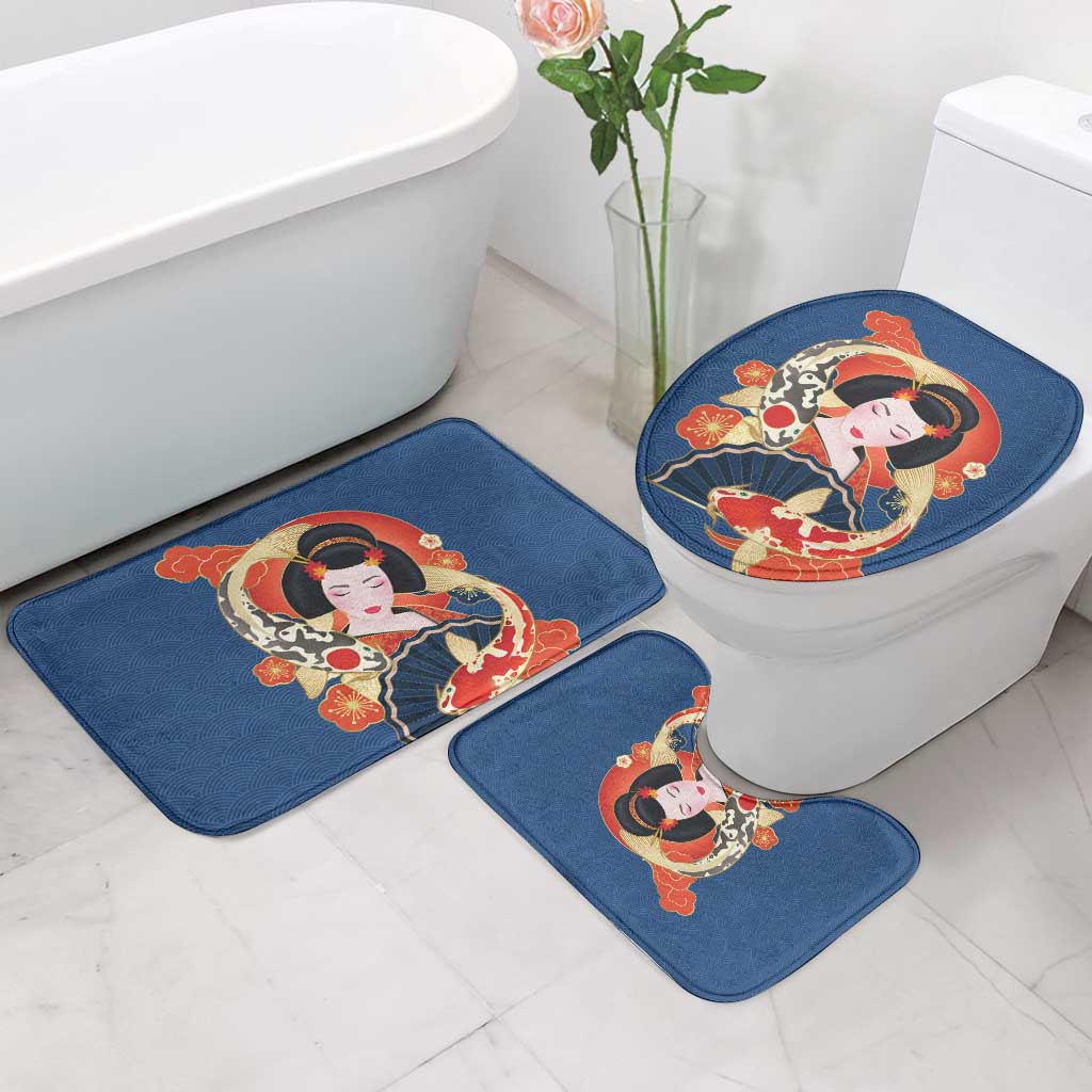 Japanese Geisha Koi Fish Bathroom Set Cherry Blossoms Blue Seigaiha Pattern - Wonder Print Shop