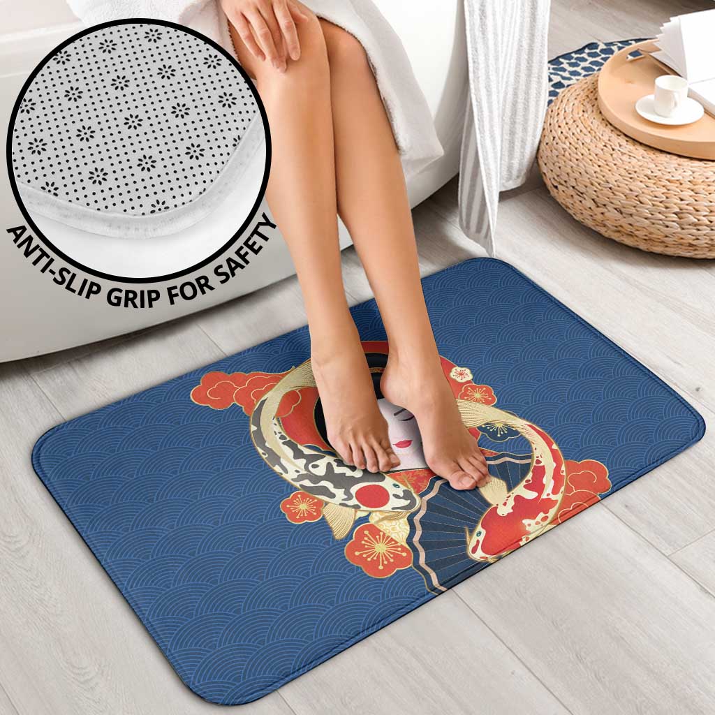 Japanese Geisha Koi Fish Bathroom Set Cherry Blossoms Blue Seigaiha Pattern - Wonder Print Shop