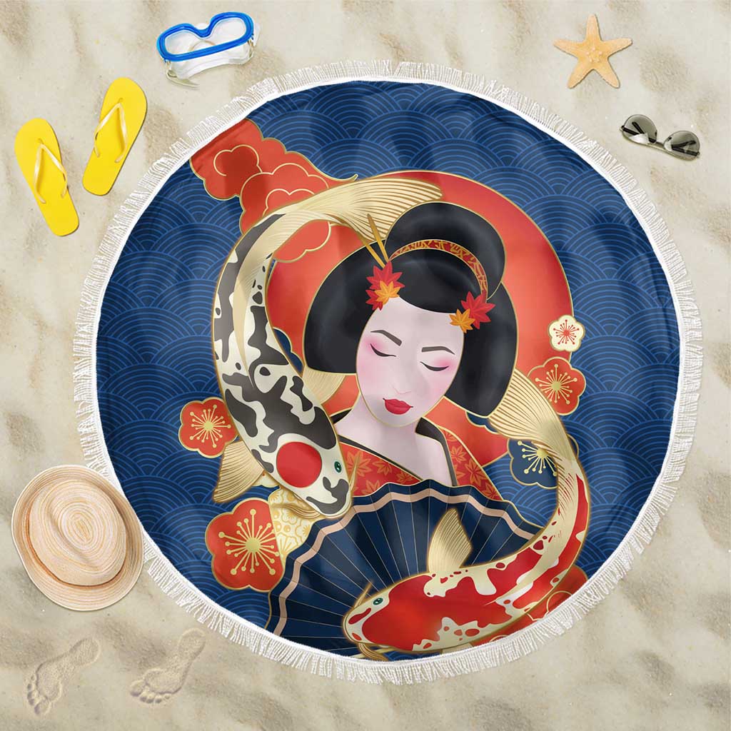 Japanese Geisha Koi Fish Beach Blanket Cherry Blossoms Blue Seigaiha Pattern - Wonder Print Shop
