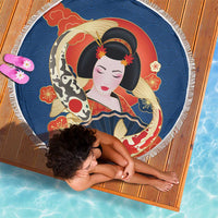 Japanese Geisha Koi Fish Beach Blanket Cherry Blossoms Blue Seigaiha Pattern - Wonder Print Shop