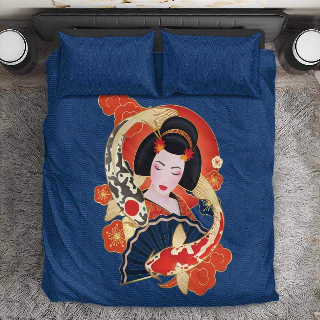 Japanese Geisha Koi Fish Bedding Set Cherry Blossoms Blue Seigaiha Pattern - Wonder Print Shop