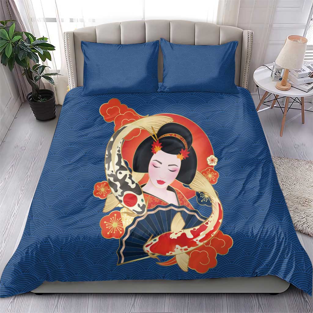 Japanese Geisha Koi Fish Bedding Set Cherry Blossoms Blue Seigaiha Pattern - Wonder Print Shop