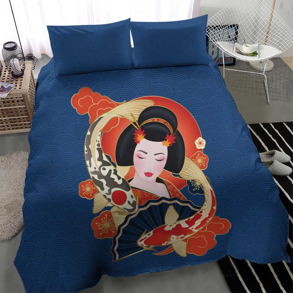 Japanese Geisha Koi Fish Bedding Set Cherry Blossoms Blue Seigaiha Pattern - Wonder Print Shop