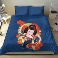 Japanese Geisha Koi Fish Bedding Set Cherry Blossoms Blue Seigaiha Pattern - Wonder Print Shop