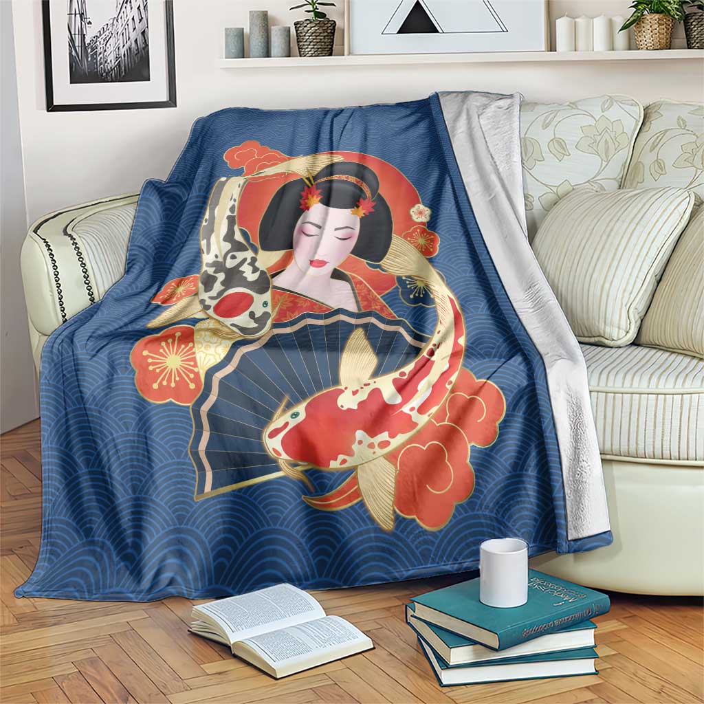 Japanese Geisha Koi Fish Blanket Cherry Blossoms Blue Seigaiha Pattern - Wonder Print Shop