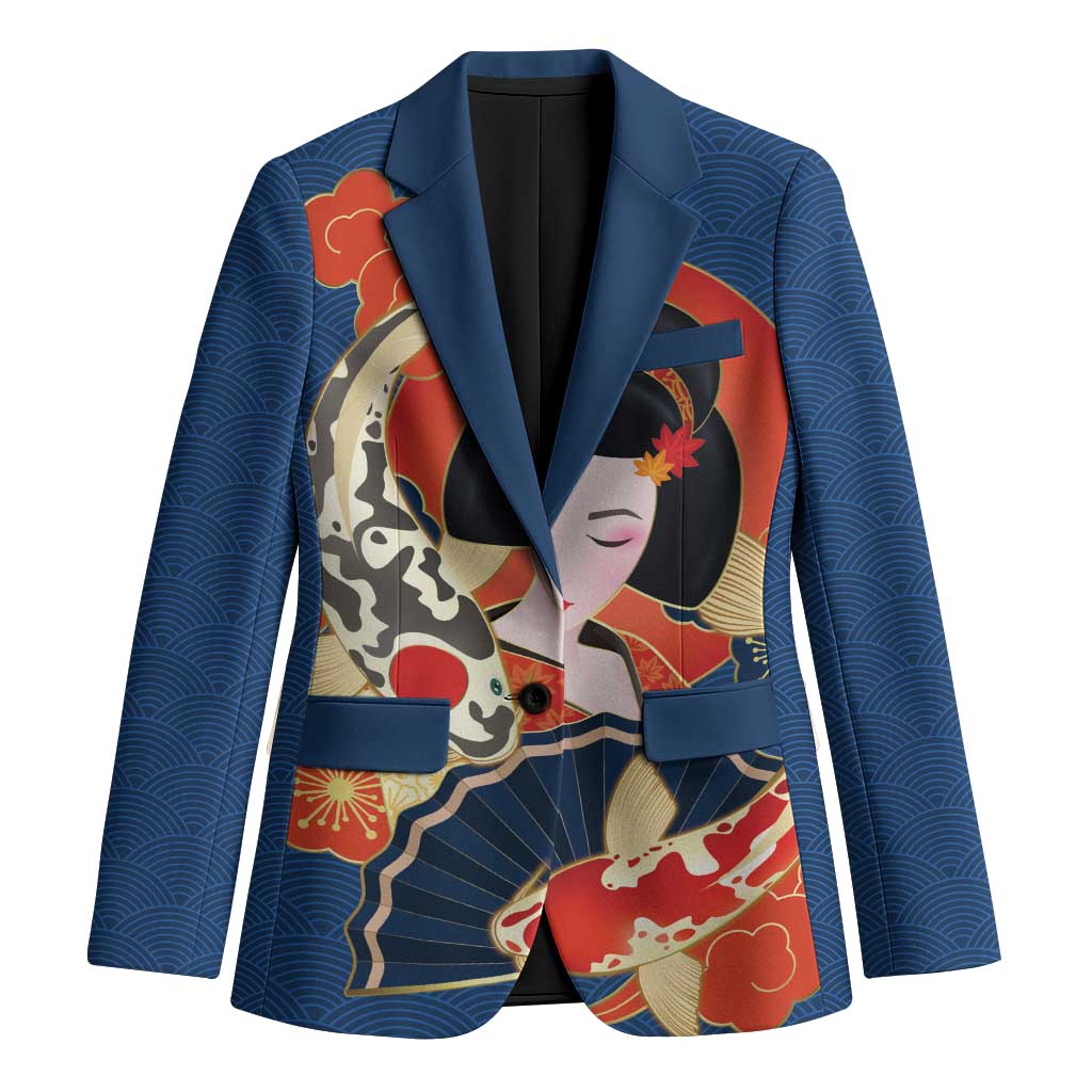 Japanese Geisha Koi Fish Blazer Cherry Blossoms Blue Seigaiha Pattern - Wonder Print Shop