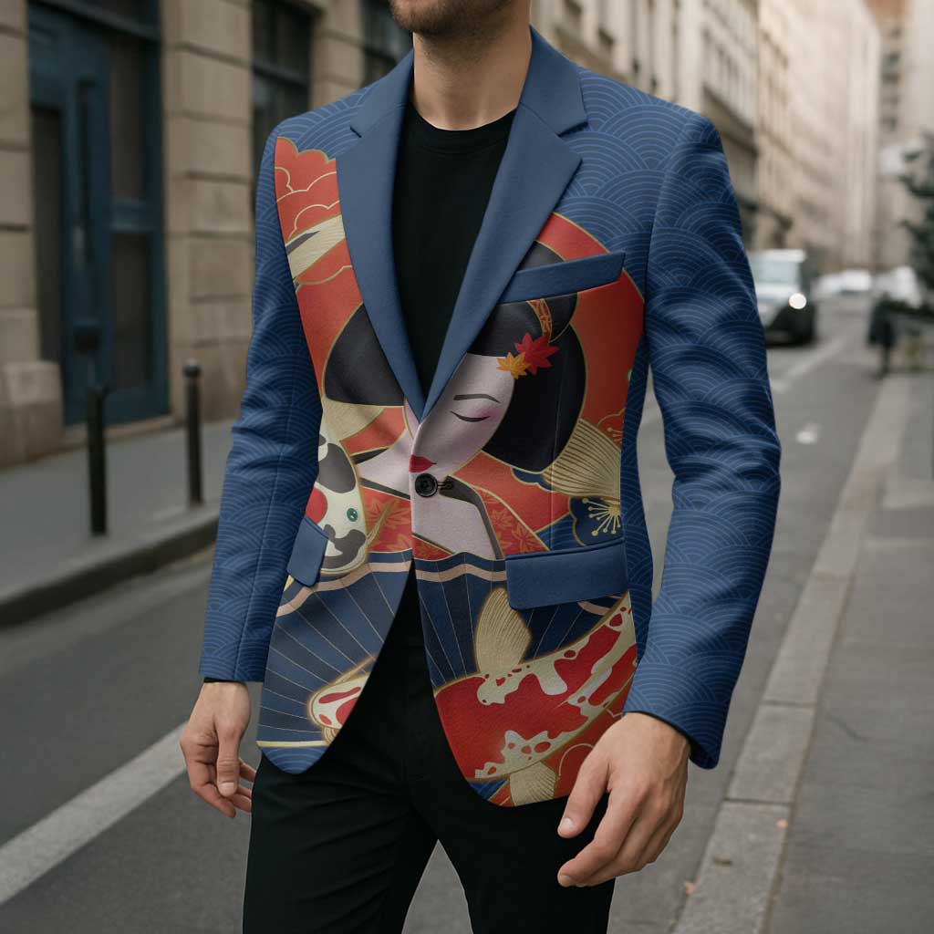 Japanese Geisha Koi Fish Blazer Cherry Blossoms Blue Seigaiha Pattern - Wonder Print Shop