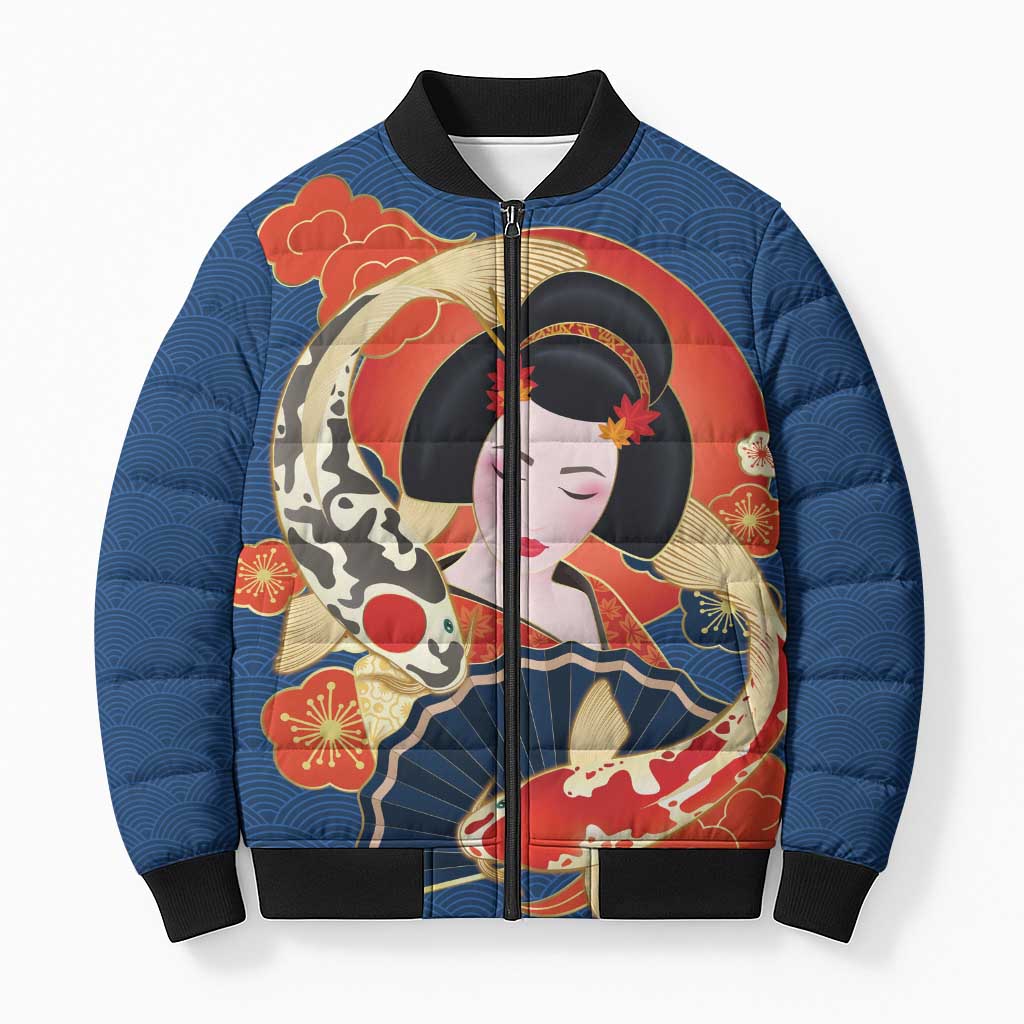 Japanese Geisha Koi Fish Bomber Puffer Jacket Cherry Blossoms Blue Seigaiha Pattern - Wonder Print Shop