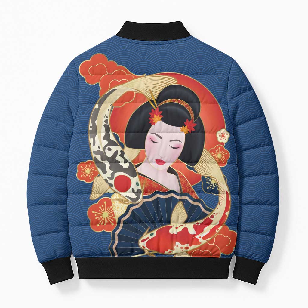 Japanese Geisha Koi Fish Bomber Puffer Jacket Cherry Blossoms Blue Seigaiha Pattern - Wonder Print Shop