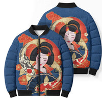 Japanese Geisha Koi Fish Bomber Puffer Jacket Cherry Blossoms Blue Seigaiha Pattern - Wonder Print Shop