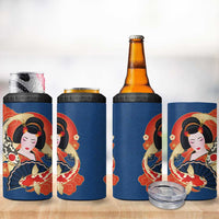 Japanese Geisha Koi Fish 4 in 1 Can Cooler Tumbler Cherry Blossoms Blue Seigaiha Pattern - Wonder Print Shop