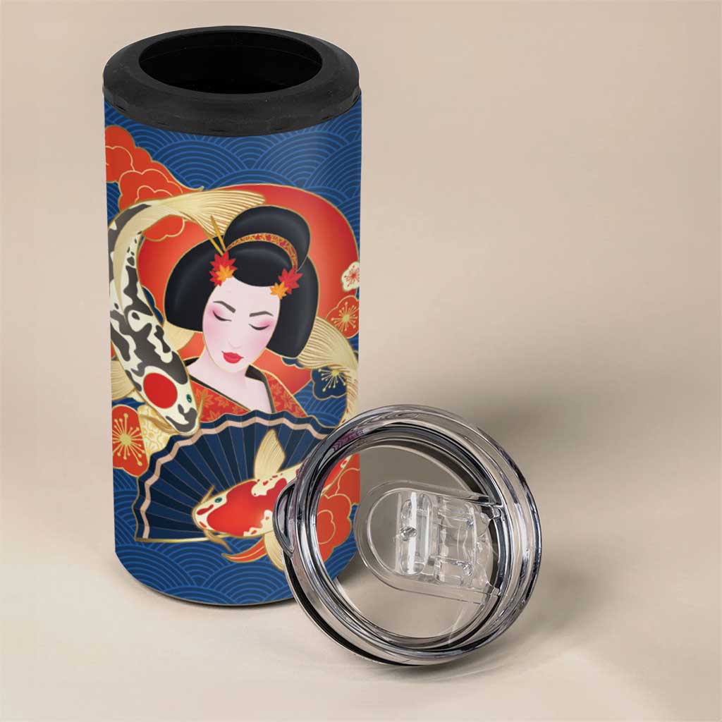 Japanese Geisha Koi Fish 4 in 1 Can Cooler Tumbler Cherry Blossoms Blue Seigaiha Pattern - Wonder Print Shop