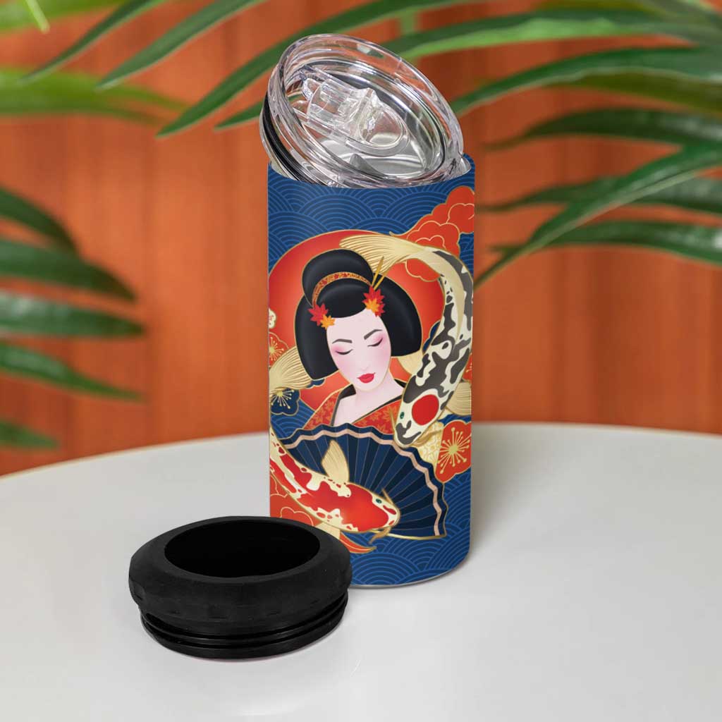 Japanese Geisha Koi Fish 4 in 1 Can Cooler Tumbler Cherry Blossoms Blue Seigaiha Pattern - Wonder Print Shop