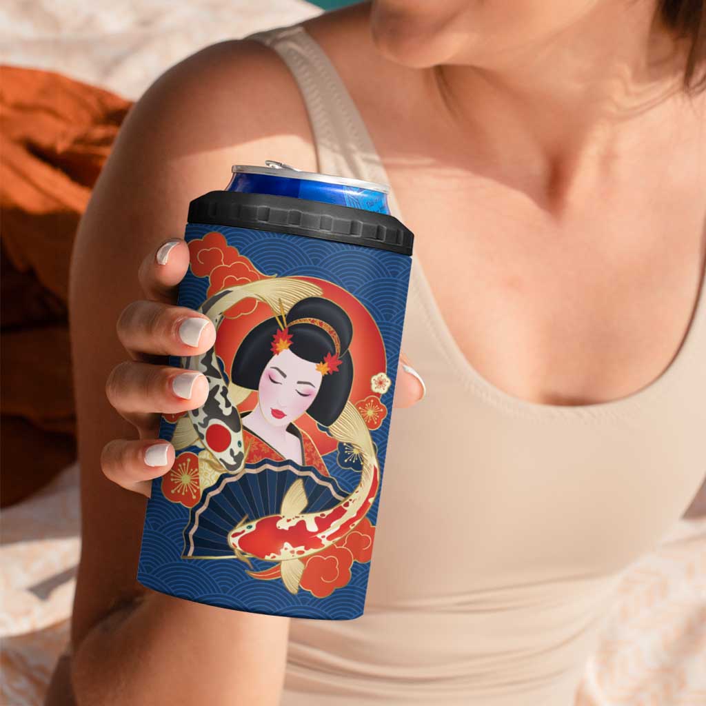 Japanese Geisha Koi Fish 4 in 1 Can Cooler Tumbler Cherry Blossoms Blue Seigaiha Pattern - Wonder Print Shop