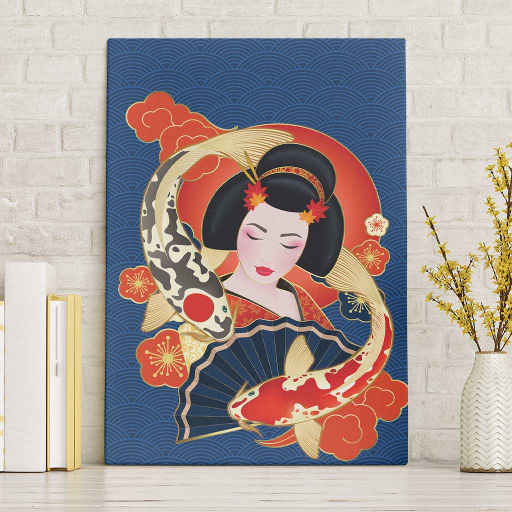 Japanese Geisha Koi Fish Canvas Wall Art Cherry Blossoms Blue Seigaiha Pattern - Wonder Print Shop