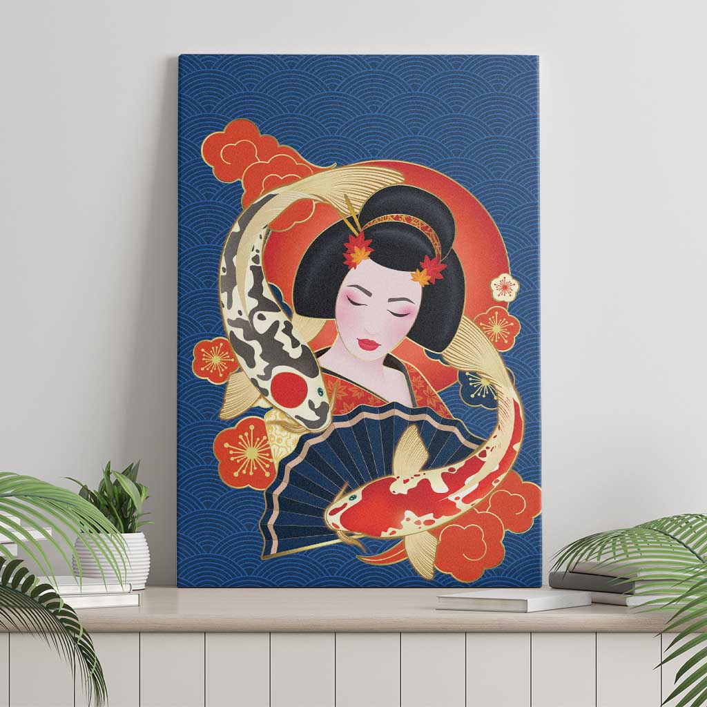 Japanese Geisha Koi Fish Canvas Wall Art Cherry Blossoms Blue Seigaiha Pattern - Wonder Print Shop