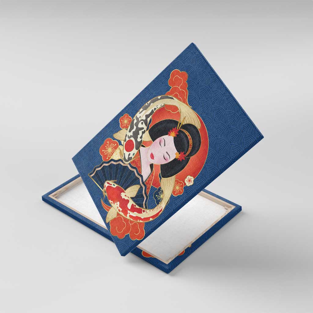Japanese Geisha Koi Fish Canvas Wall Art Cherry Blossoms Blue Seigaiha Pattern - Wonder Print Shop
