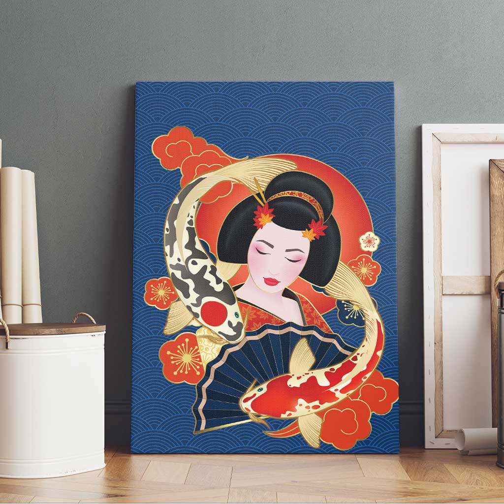 Japanese Geisha Koi Fish Canvas Wall Art Cherry Blossoms Blue Seigaiha Pattern - Wonder Print Shop