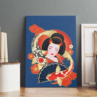 Japanese Geisha Koi Fish Canvas Wall Art Cherry Blossoms Blue Seigaiha Pattern - Wonder Print Shop