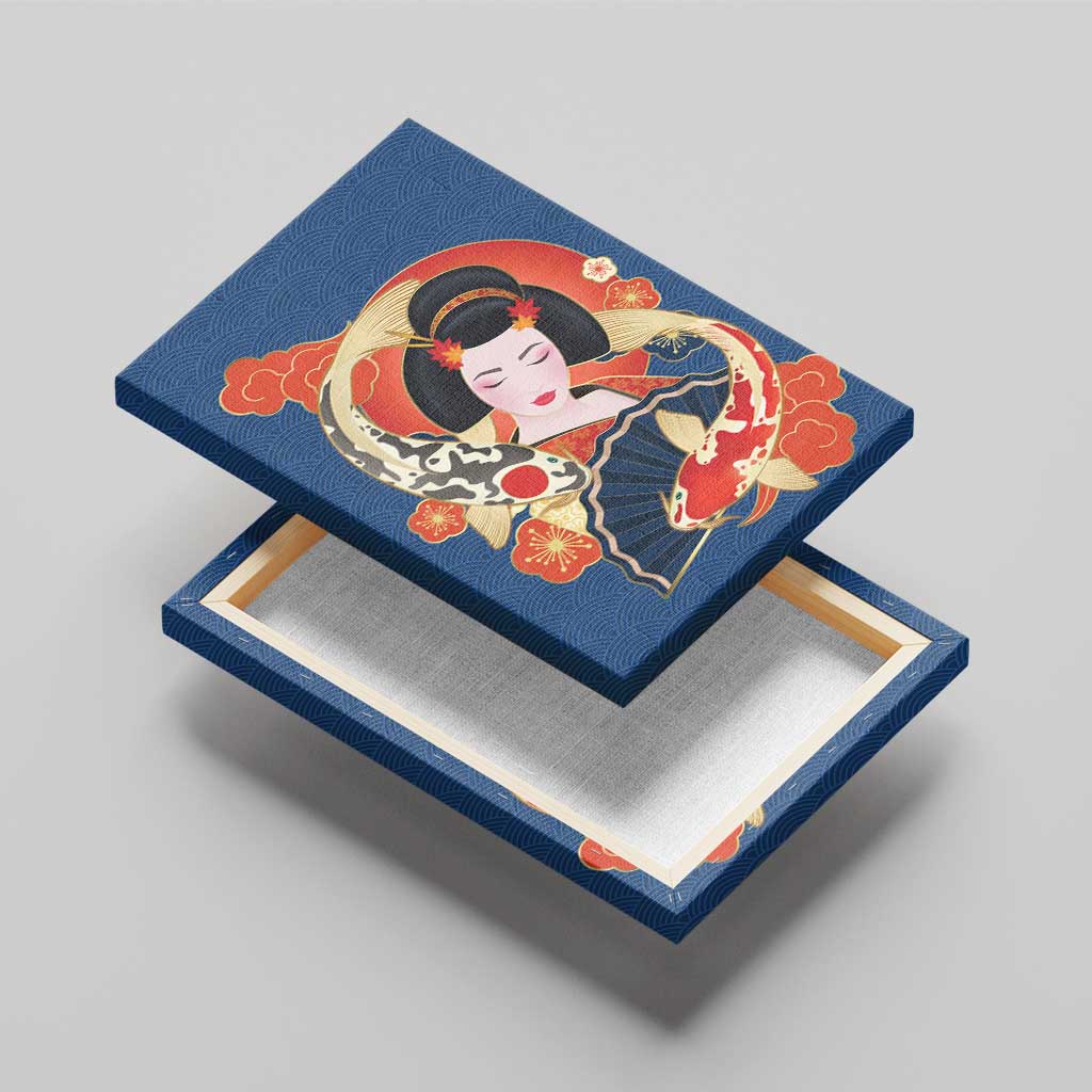 Japanese Geisha Koi Fish Canvas Wall Art Cherry Blossoms Blue Seigaiha Pattern - Wonder Print Shop