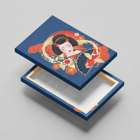 Japanese Geisha Koi Fish Canvas Wall Art Cherry Blossoms Blue Seigaiha Pattern - Wonder Print Shop