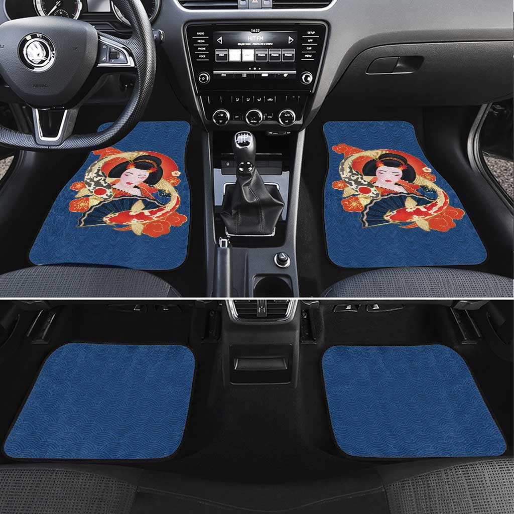 Japanese Geisha Koi Fish Car Mats Cherry Blossoms Blue Seigaiha Pattern - Wonder Print Shop
