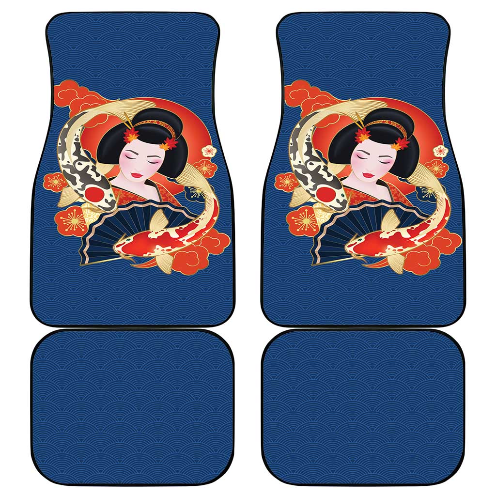 Japanese Geisha Koi Fish Car Mats Cherry Blossoms Blue Seigaiha Pattern - Wonder Print Shop