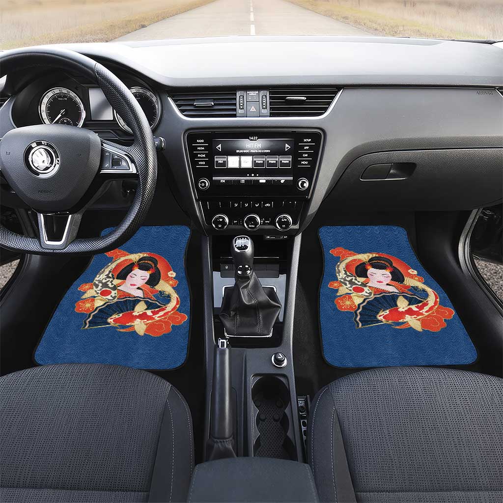 Japanese Geisha Koi Fish Car Mats Cherry Blossoms Blue Seigaiha Pattern - Wonder Print Shop