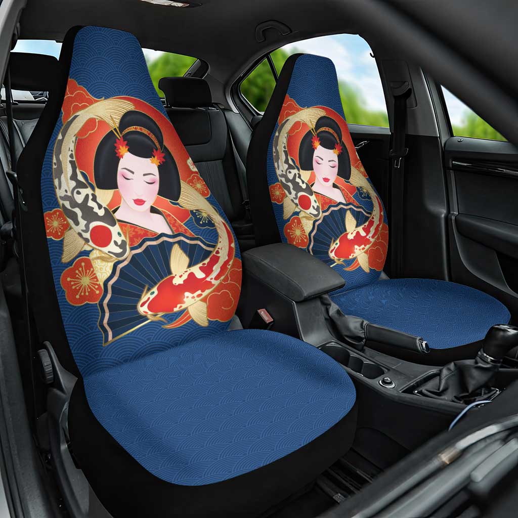 Japanese Geisha Koi Fish Car Seat Cover Cherry Blossoms Blue Seigaiha Pattern - Wonder Print Shop