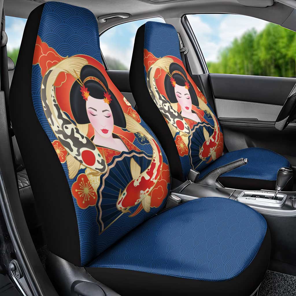 Japanese Geisha Koi Fish Car Seat Cover Cherry Blossoms Blue Seigaiha Pattern - Wonder Print Shop