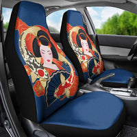 Japanese Geisha Koi Fish Car Seat Cover Cherry Blossoms Blue Seigaiha Pattern - Wonder Print Shop