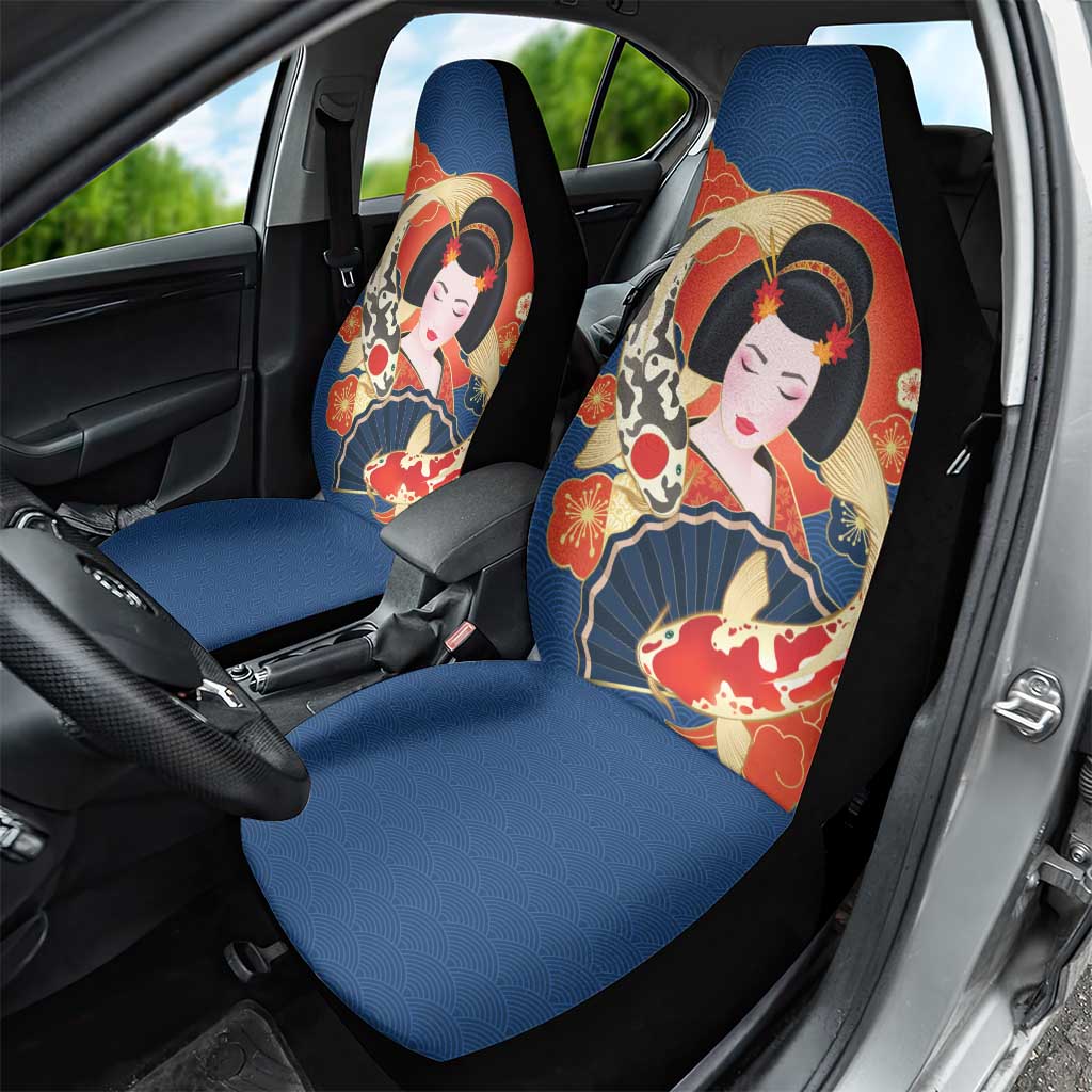 Japanese Geisha Koi Fish Car Seat Cover Cherry Blossoms Blue Seigaiha Pattern - Wonder Print Shop
