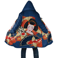 Japanese Geisha Koi Fish Cloak Cherry Blossoms Blue Seigaiha Pattern - Wonder Print Shop