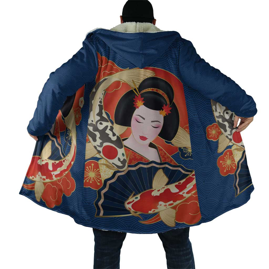 Japanese Geisha Koi Fish Cloak Cherry Blossoms Blue Seigaiha Pattern - Wonder Print Shop