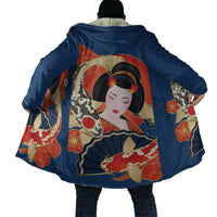 Japanese Geisha Koi Fish Cloak Cherry Blossoms Blue Seigaiha Pattern - Wonder Print Shop