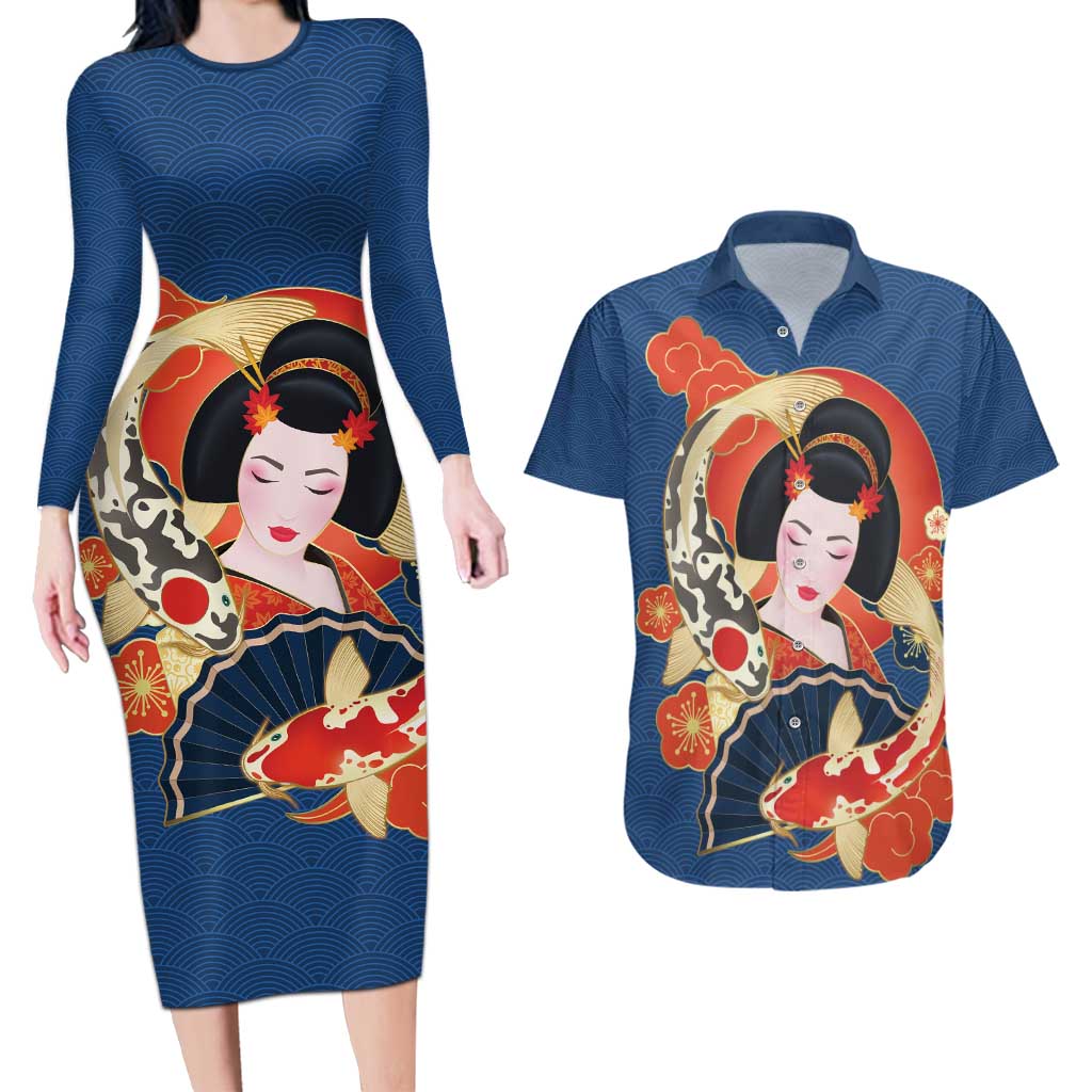 Japanese Geisha Koi Fish Couples Matching Long Sleeve Bodycon Dress and Hawaiian Shirt Cherry Blossoms Blue Seigaiha Pattern - Wonder Print Shop