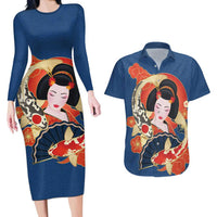 Japanese Geisha Koi Fish Couples Matching Long Sleeve Bodycon Dress and Hawaiian Shirt Cherry Blossoms Blue Seigaiha Pattern - Wonder Print Shop