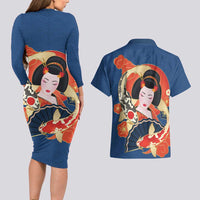 Japanese Geisha Koi Fish Couples Matching Long Sleeve Bodycon Dress and Hawaiian Shirt Cherry Blossoms Blue Seigaiha Pattern - Wonder Print Shop