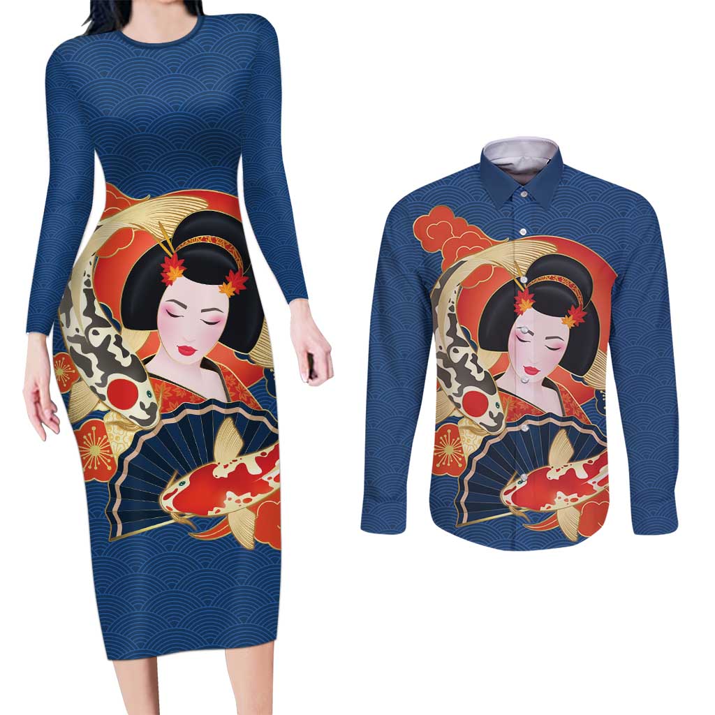 Japanese Geisha Koi Fish Couples Matching Long Sleeve Bodycon Dress and Long Sleeve Button Shirt Cherry Blossoms Blue Seigaiha Pattern - Wonder Print Shop