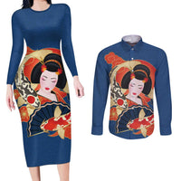 Japanese Geisha Koi Fish Couples Matching Long Sleeve Bodycon Dress and Long Sleeve Button Shirt Cherry Blossoms Blue Seigaiha Pattern - Wonder Print Shop