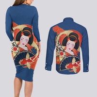 Japanese Geisha Koi Fish Couples Matching Long Sleeve Bodycon Dress and Long Sleeve Button Shirt Cherry Blossoms Blue Seigaiha Pattern - Wonder Print Shop