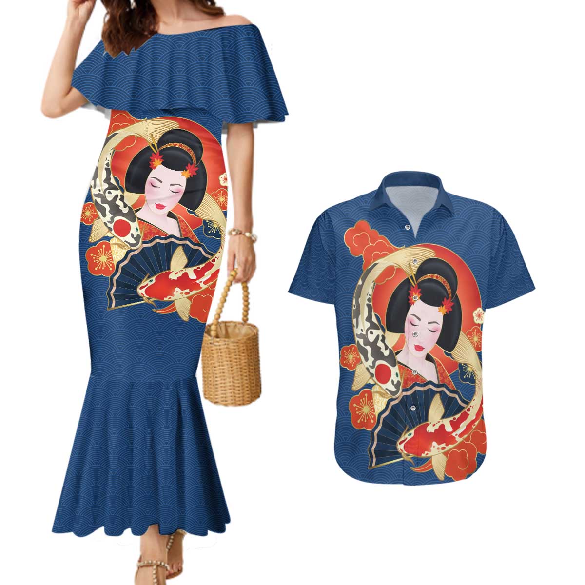 Japanese Geisha Koi Fish Couples Matching Mermaid Dress and Hawaiian Shirt Cherry Blossoms Blue Seigaiha Pattern - Wonder Print Shop