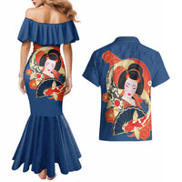 Japanese Geisha Koi Fish Couples Matching Mermaid Dress and Hawaiian Shirt Cherry Blossoms Blue Seigaiha Pattern - Wonder Print Shop