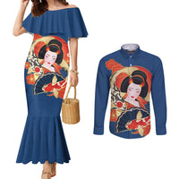 Japanese Geisha Koi Fish Couples Matching Mermaid Dress and Long Sleeve Button Shirt Cherry Blossoms Blue Seigaiha Pattern - Wonder Print Shop