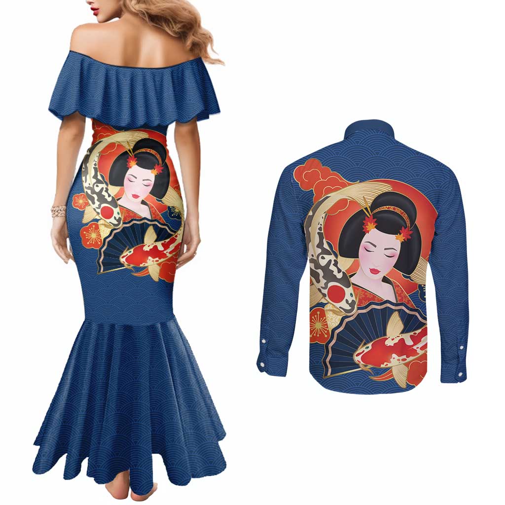 Japanese Geisha Koi Fish Couples Matching Mermaid Dress and Long Sleeve Button Shirt Cherry Blossoms Blue Seigaiha Pattern - Wonder Print Shop