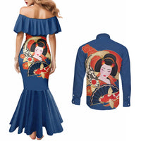 Japanese Geisha Koi Fish Couples Matching Mermaid Dress and Long Sleeve Button Shirt Cherry Blossoms Blue Seigaiha Pattern - Wonder Print Shop