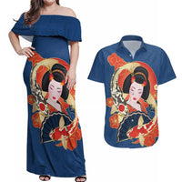 Japanese Geisha Koi Fish Couples Matching Off Shoulder Maxi Dress and Hawaiian Shirt Cherry Blossoms Blue Seigaiha Pattern - Wonder Print Shop